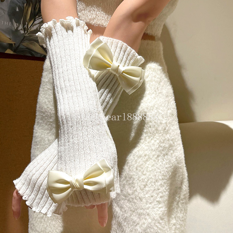 Fashion Women Knitted Bow Tie Fingerless Gloves Lolita Arm Sleeve Pink Girl Gothic Keep Warmer Long Gloves Kawaii Accessories