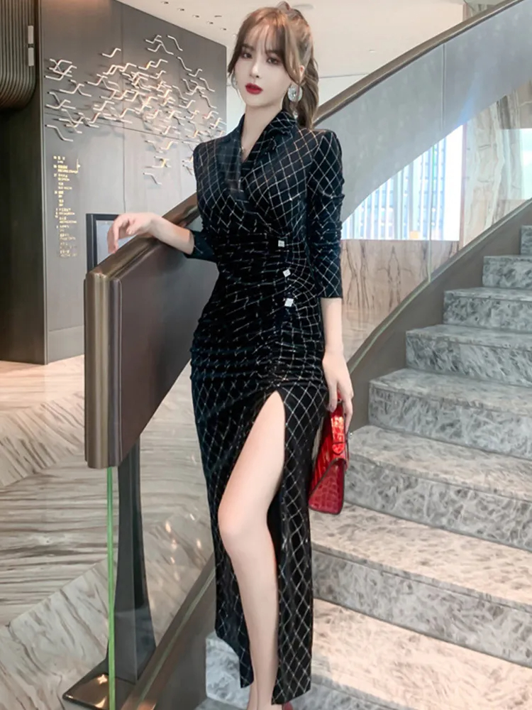 Basic Casual Dresses Autumn Winter Women Maxi Dress Elegant Vintage Plaid Velvet Notched Collor Long Sleeve Slim Slit Robe Party Office Vestido Mujer 2024