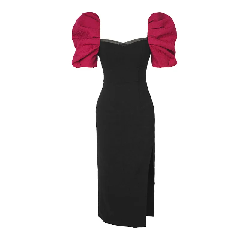 Vestidos casuais básicos verão mulheres maxi vestido elegante coreano doce retro preto rosa vermelho bolha manga split longo robe femme festa vestidos mujer 2024