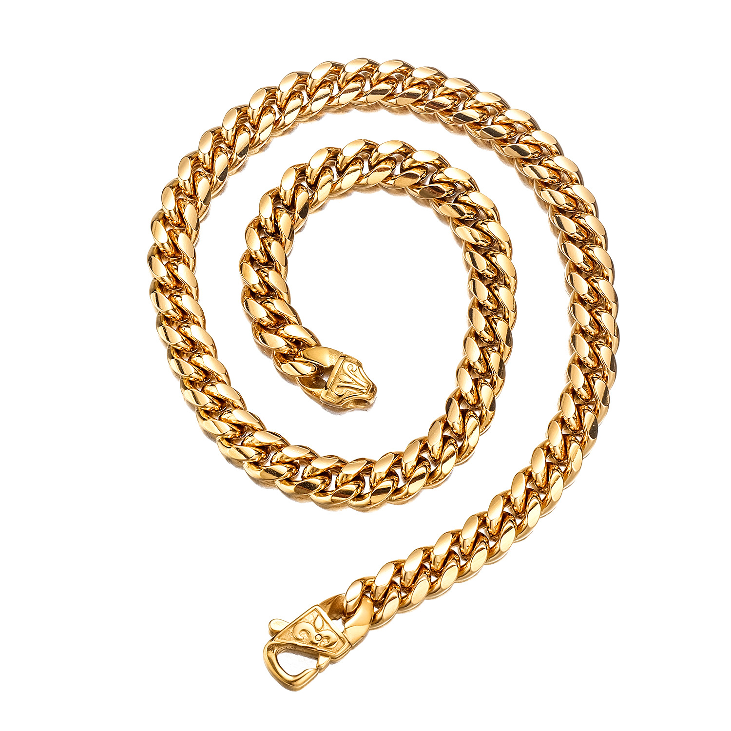 10mm-14mm Hip Hop Stainless Steel Miami Cuban Link Chain Necklace 18K Real Gold Plated Full Zircon Mens Jewelry