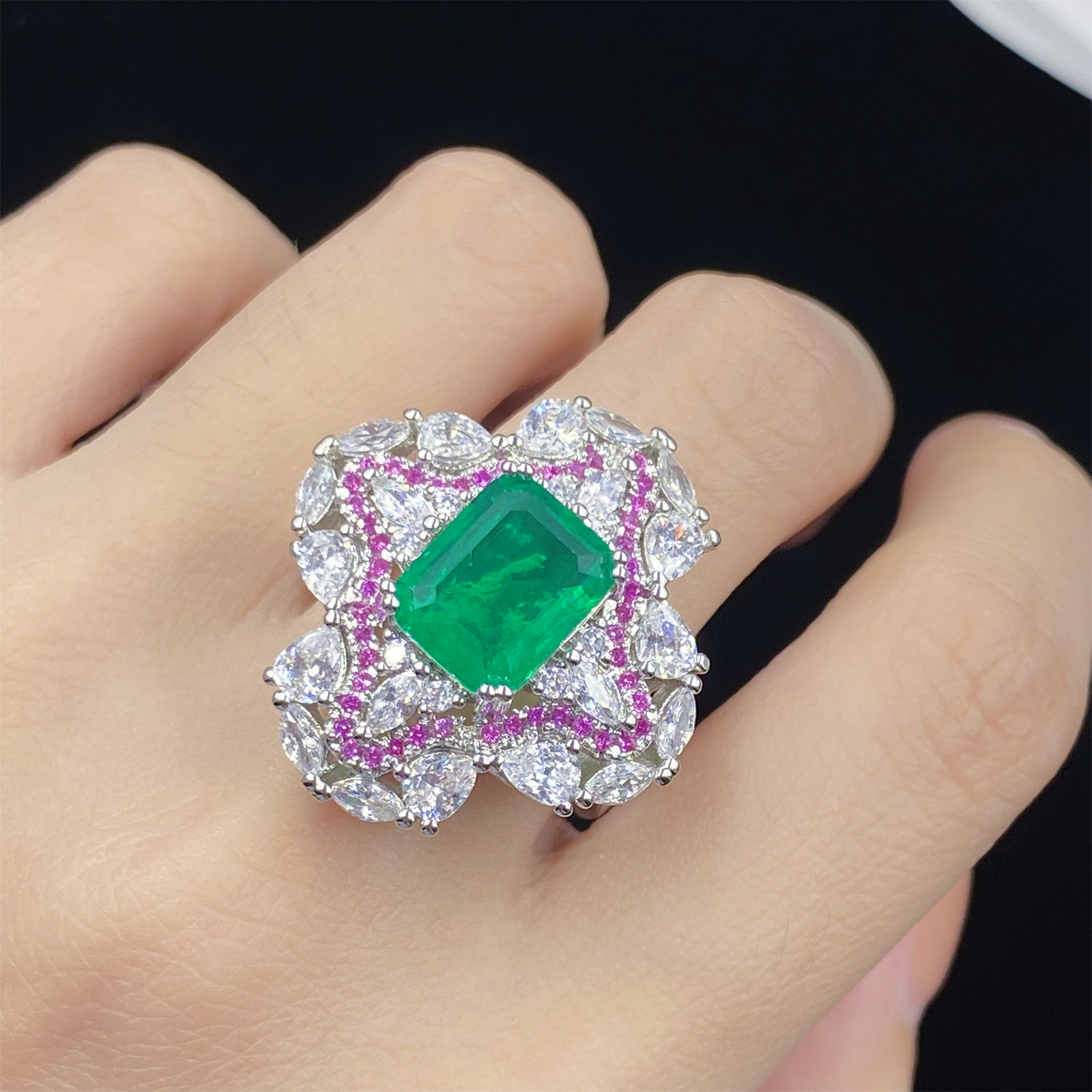 Conjunto de joias de casamento feminino imitado esmeralda turmalina verde cristal zircão diamante anel de abertura quadrado pingente colar brincos presente de festa de ano novo