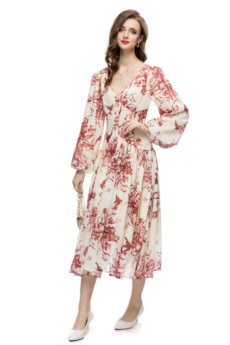 Women's Runway Dresses V Neck Long Lantern Sleeves Printed High Street Fashion Mid Calf Vestidos