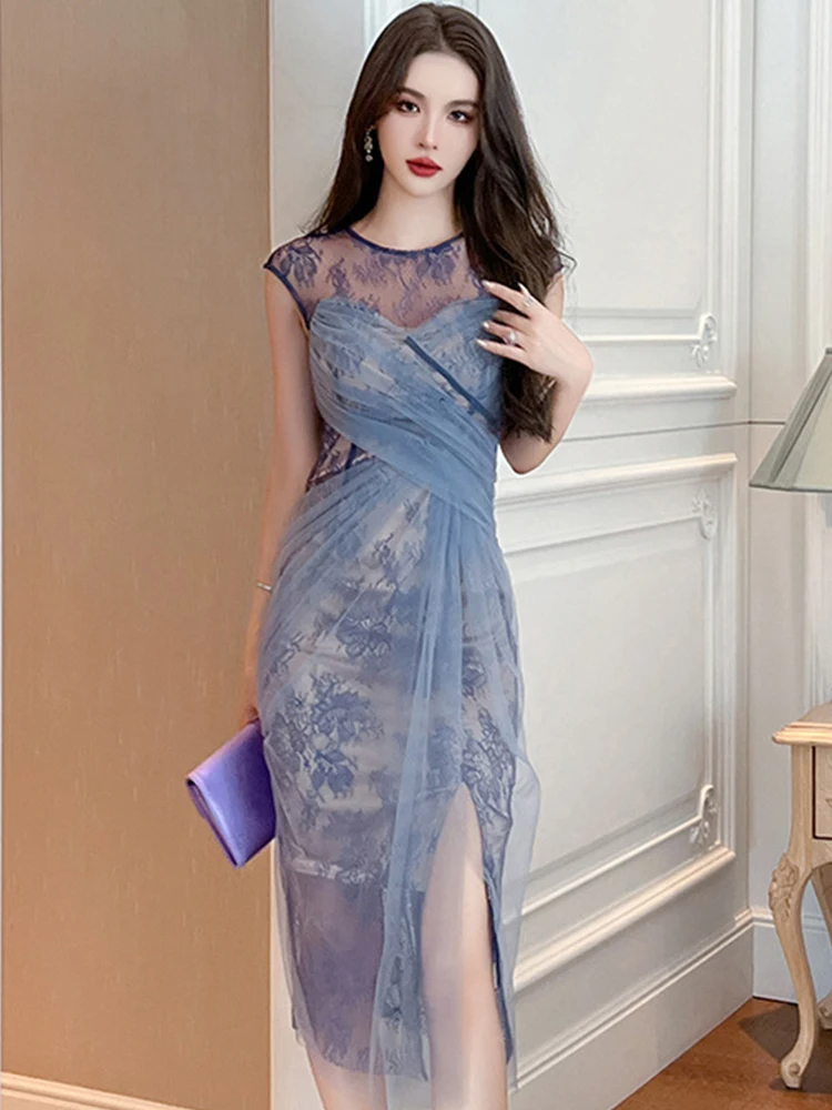 Basic Casual Dresses Women Fashion French Retro Maxi Dress Woman Sheer Mesh Lace Embroidery Skinny Robe Party Vestidos Prom Banquet Gown Femme 2024