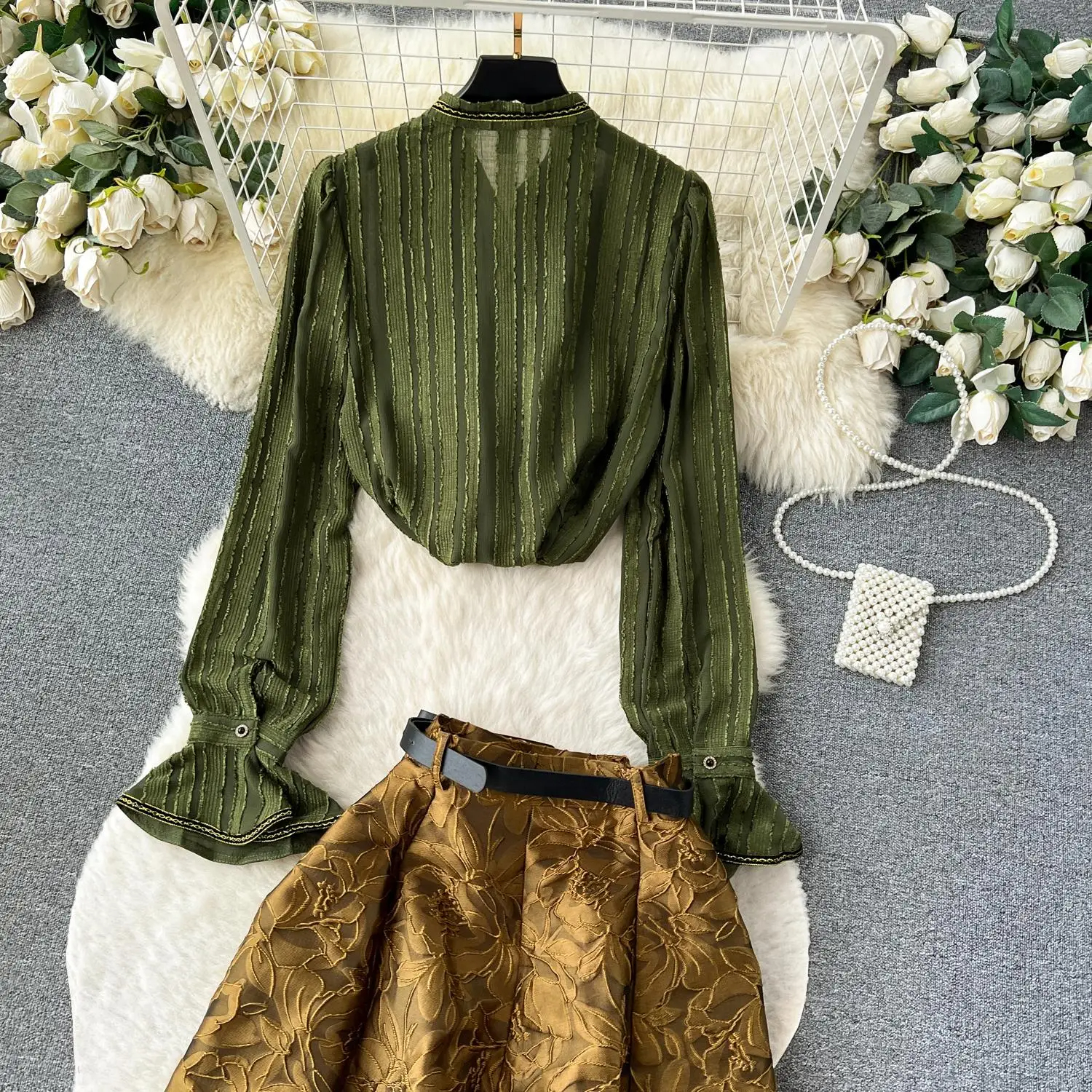 Tweedelige jurk Runway herfst lange rok sets ruches lange mouwen blouses top jacquard maxi rok dames outfit vakantie bijpassende set pakken 2024