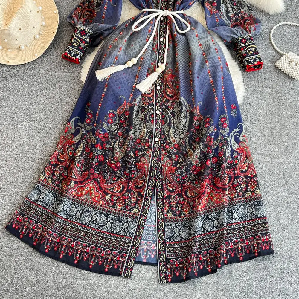 Abiti casual di base Vacanza autunnale Abito lungo Abbigliamento donna Collo alto Manica lunga a lanterna Fiore Stampa retrò Abiti larghi in chiffon con cintura 2024