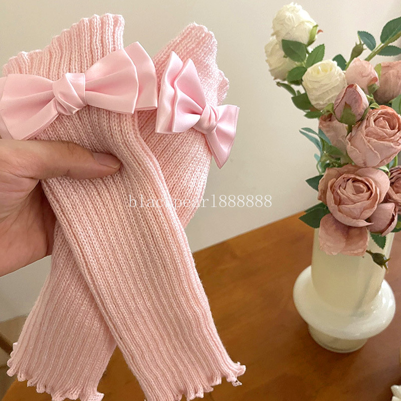 Fashion Women Knitted Bow Tie Fingerless Gloves Lolita Arm Sleeve Pink Girl Gothic Keep Warmer Long Gloves Kawaii Accessories