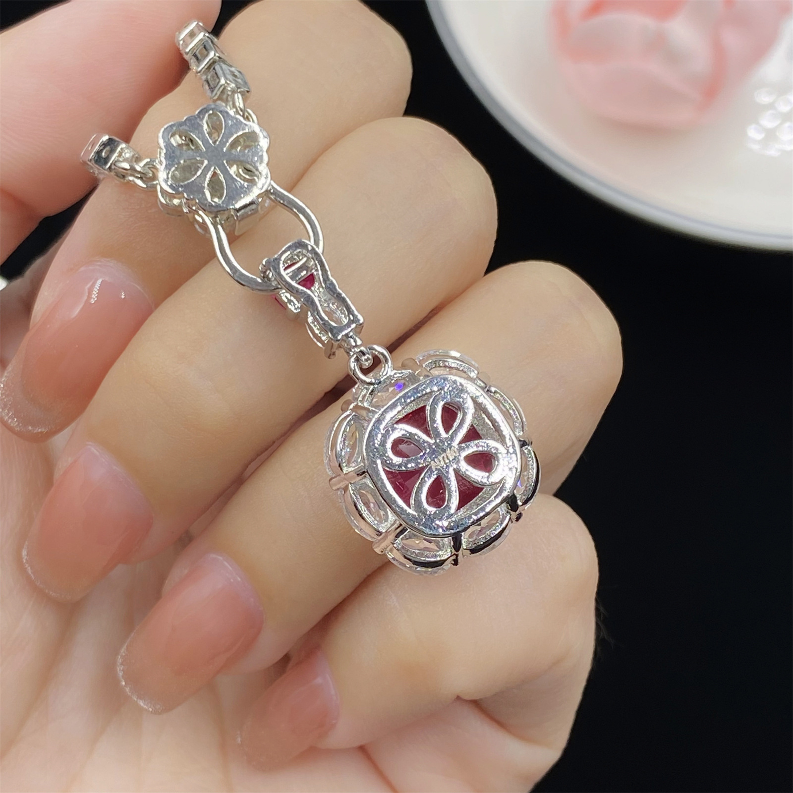 Women Fashion Wedding Jewelry Three Piece Set Simulated Ruby red Crystal Ring Pendant Necklace Earring studs Girlfriend Party Birthday New Year Gift