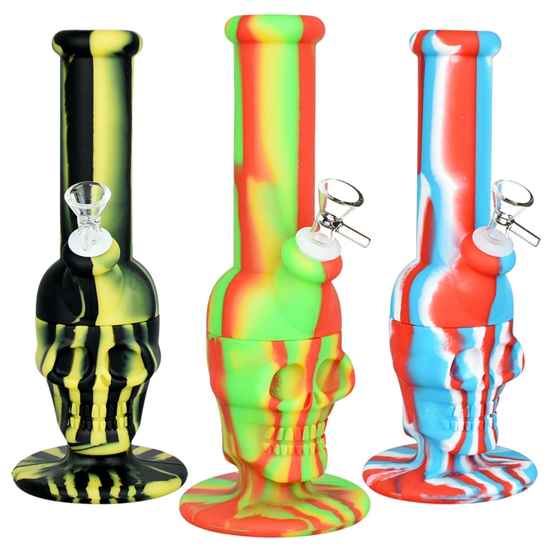 Bunte Rauchen Silikon Shisha Bong Rohre Kit Desktop Schädel Stil Bubbler Kräuter Tabak Glas Griff Trichter Filter Schüssel Bohrinseln Wasserpfeife Zigarettenspitze DHL