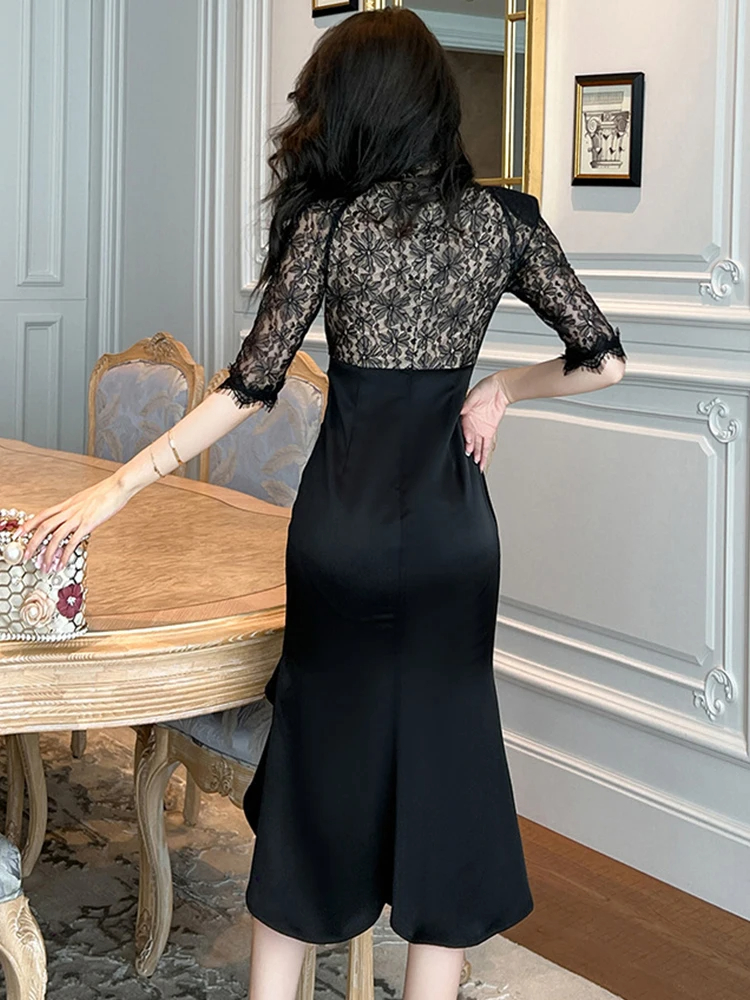 Robes décontractées de base Nouvelles femmes de style rétro robe midi pour femmes noir dentelle pure épissé satin à volants robe fendue femme fête robes de bal 2024