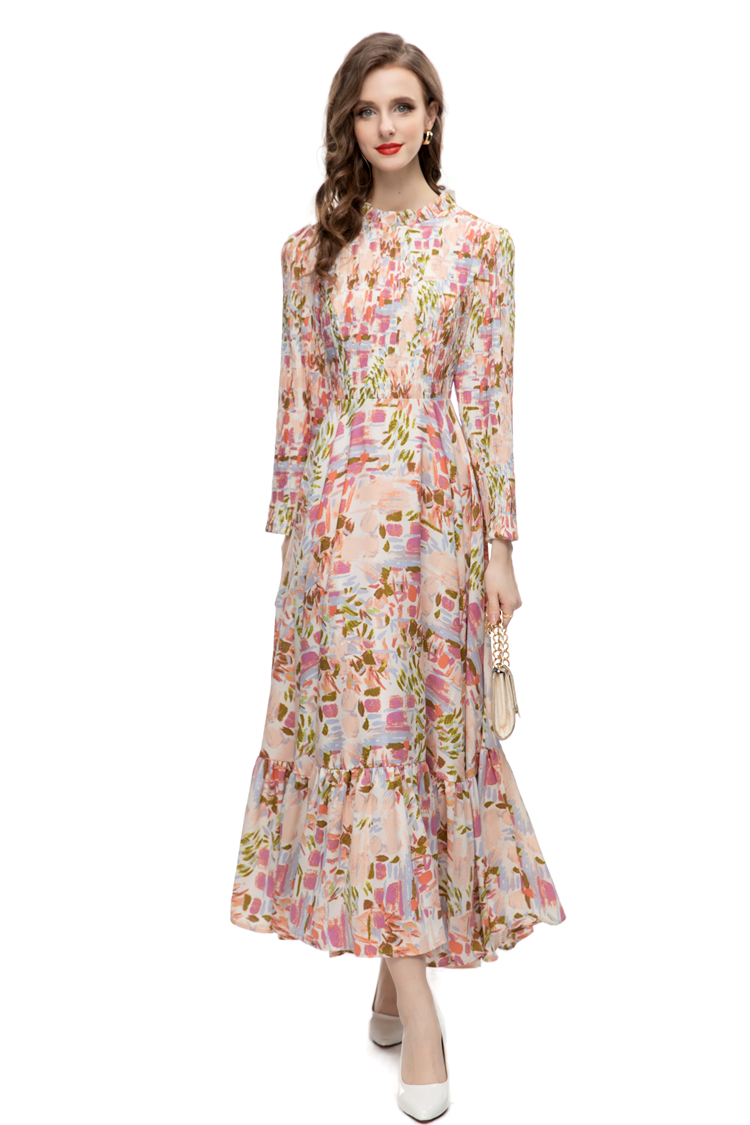 Kvinnors banor klänningar rufsade krage långa ärmar tryckt elegant modedesigner high street vestidos