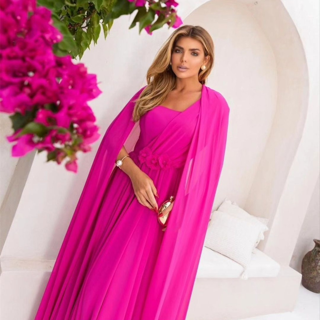 Elegant Long Chiffon Hot Pink Evening Dresses A-Line One Shoulder Pleated Floor Length Prom Formal Party Prom Dress With Cape for Women