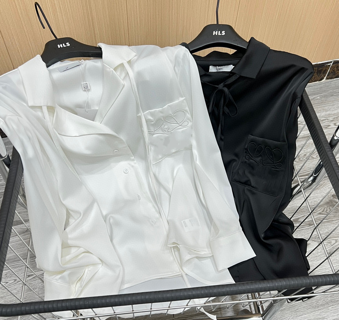 Koszula damska satynowa wstążka czarno -biała koszula haft kieszonkowy kieszonkowy długie rękawowe kardigan koszulka męska kurtka koszulka