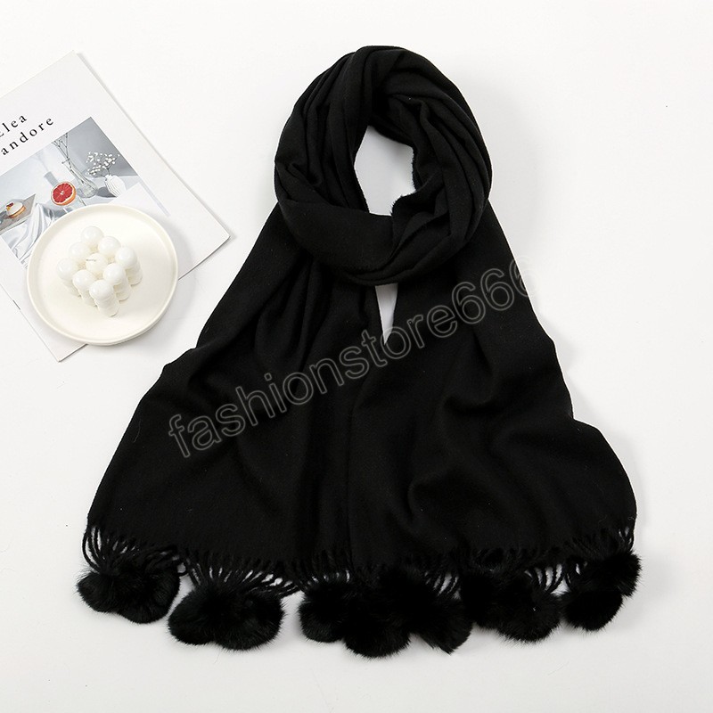 Neue Mode Frauen Winter Schal Wraps Dicke Warme Decke Schal Kaninchen Fell Solide Pashmina Ponchos Und Capes Pom Pom Quaste echarpe