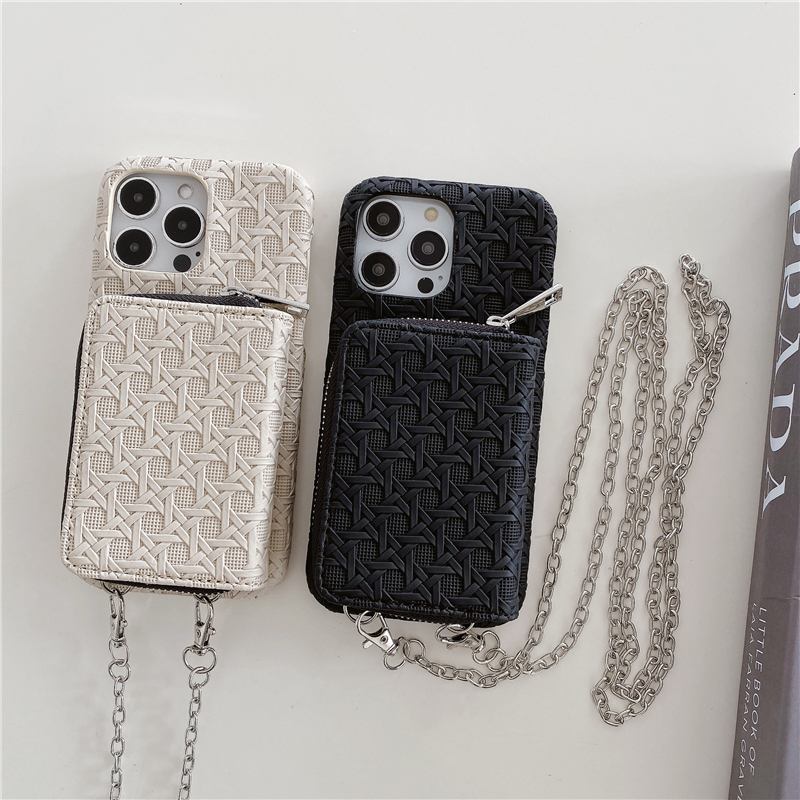 Luxury Crossbody Braided Pattern Zipper Vogue Phone Case for iPhone 15 Plus 14 13 12 11 Pro Max XR XS Durable Sturdy Necklace Multiple Card Slots Wallet Chain Back Cover