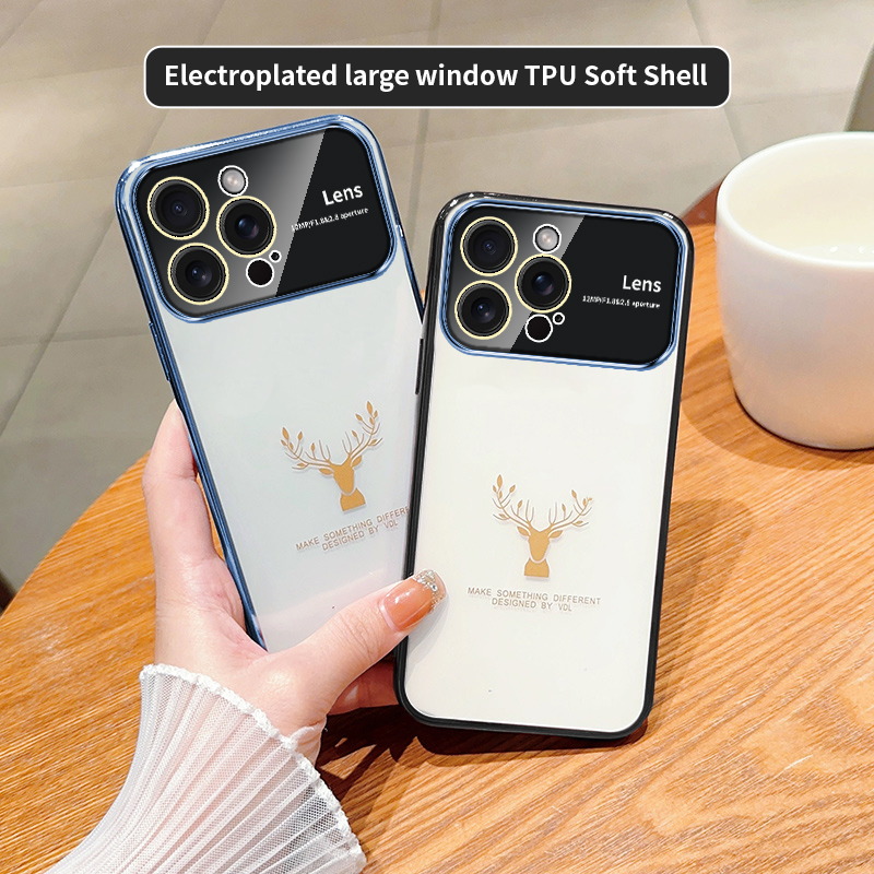 Deer Electroplated Soft TPU Cases For Iphone 15 Plus 14 13 Pro Max 12 11 X XR XS 8 7 Large Window Camera Lens Protector Film Metallic Plating Chromed Phone Cover Skin