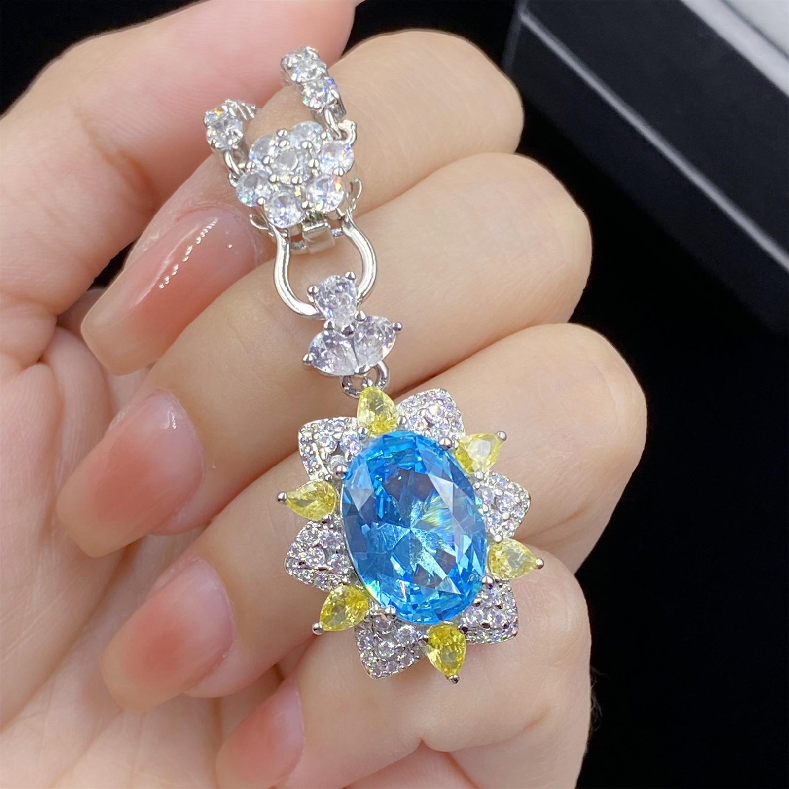 Kvinnor bröllop smycken set himmel blå kristall zirkon diamant öppen ringhänge halsband örhängen studs flickvän födelsedagsfest nyår gåva