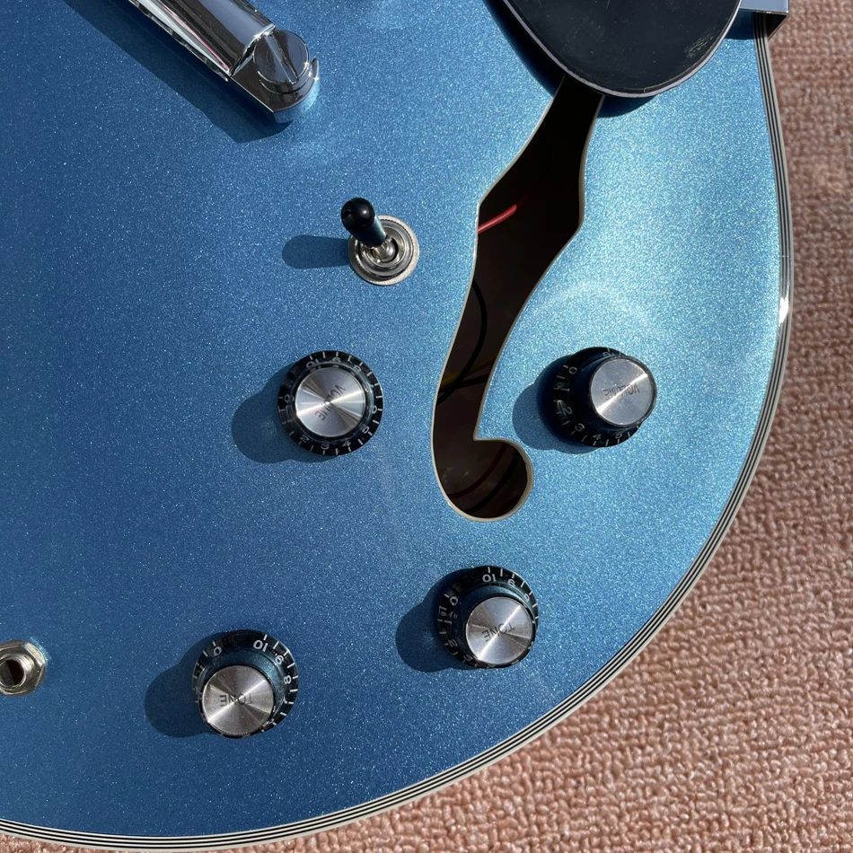 Chitarra elettrica Metal Blue Hollow Jazz 335, hardware cromato, tastiera in palissandro, spedizione gratuita
