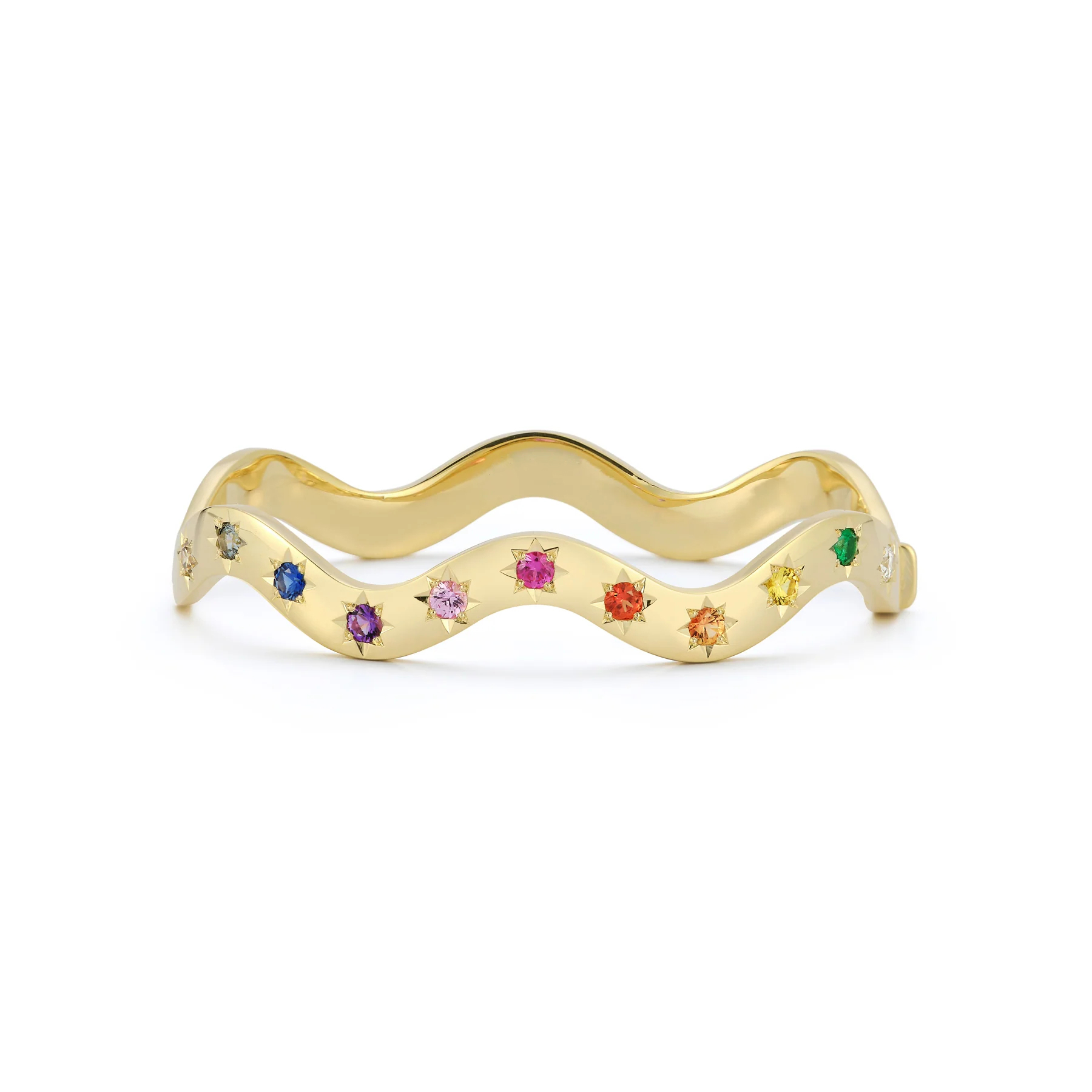 Slovehoony 925 Sterling Silver Rainbow Wave Bangle with Multicolored Cubic Zircon 18K Gold Plated Bracelet