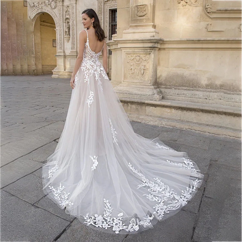 Robe De mariée trapèze Vineck, bretelles Spaghetti, dos nu, longueur thé, avec des Appliques, sur mesure