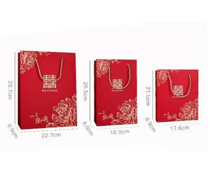 100 peças sacos de presente de papel vermelho estilo chinês felicidade dupla para embalagem de casamento com alça lembrancinhas para festa