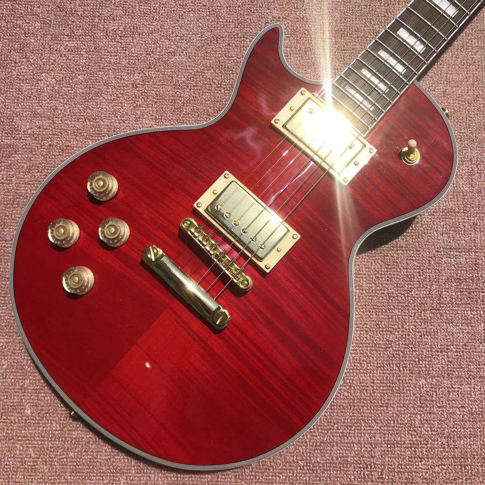 Elektrisk gitarrflamma Maple Top, Left Hand Custom, Transparent Red Color, Rosewood Fingerboard, Gold Hardware