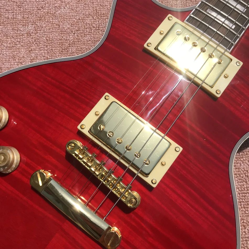 Elektrisk gitarrflamma Maple Top, Left Hand Custom, Transparent Red Color, Rosewood Fingerboard, Gold Hardware