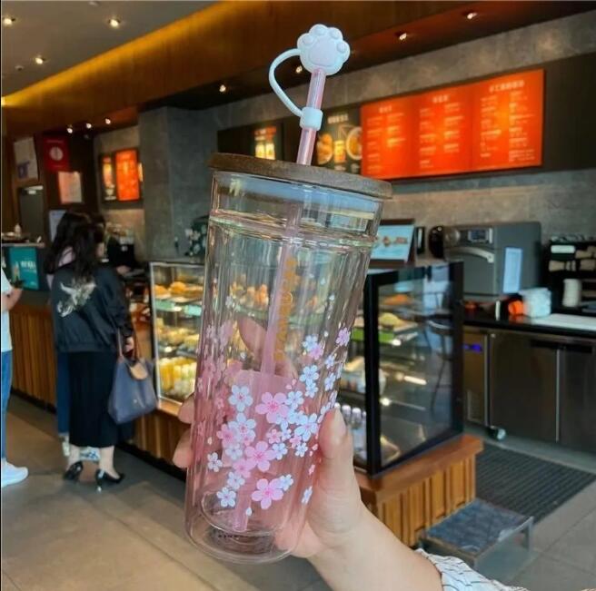 Starbucks İçecek Kupa Pembe Kiraz Blossom Büyük Kapasite Sippi fincan kahve kupası ile açık buzlu çift cam