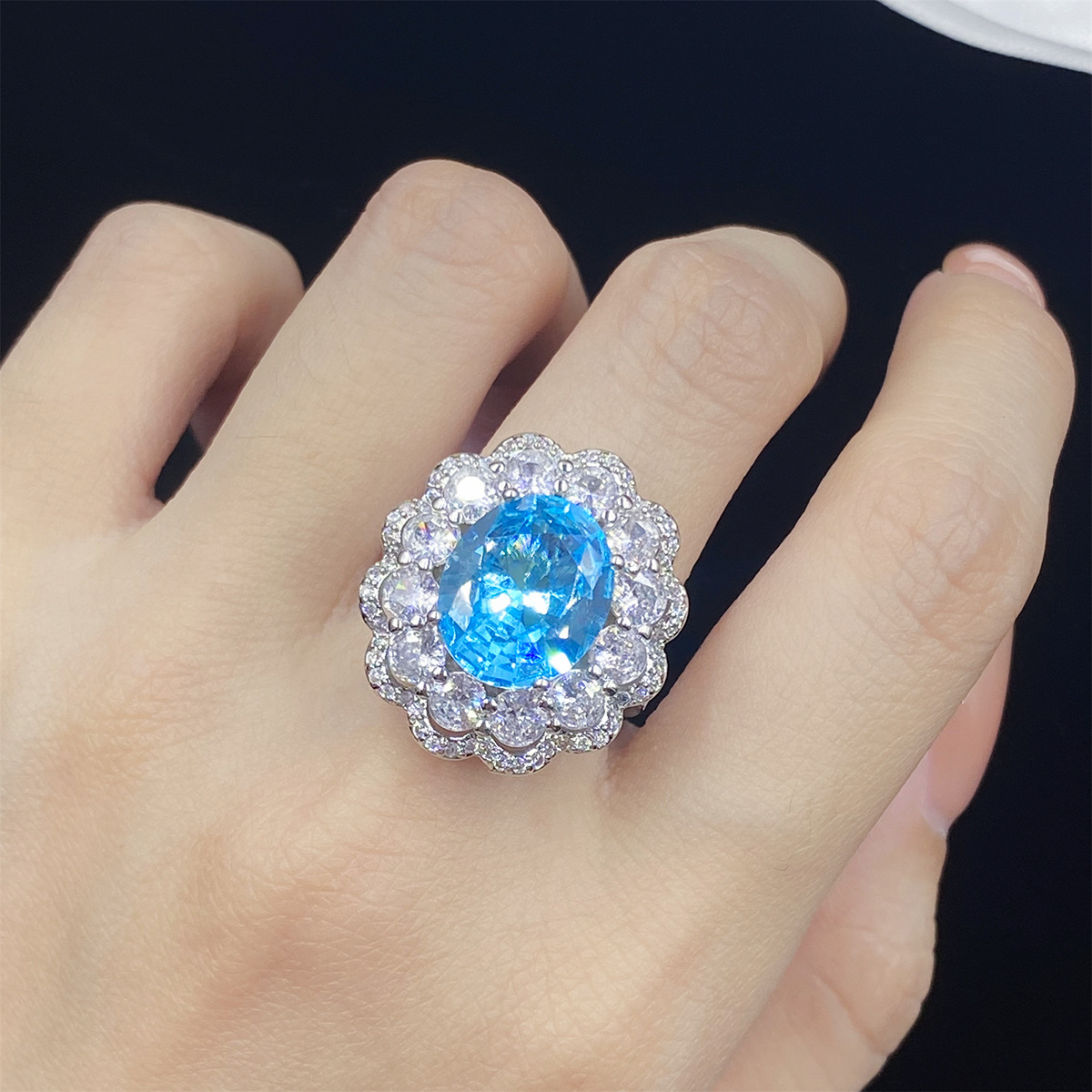 Conjunto de jóias de casamento feminino oco céu azul cristal zircon diamante anel aberto pingente colar brincos namorada festa aniversário presente