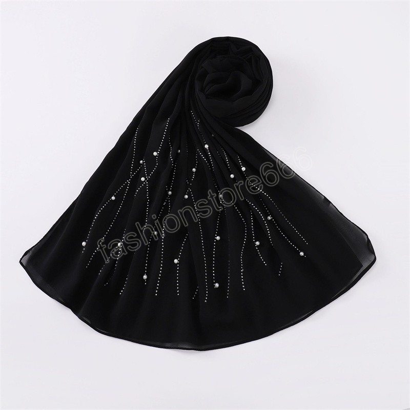 Scialle Hijab in chiffon a bolle musulmane Punto liscio Perline di perle Sciarpe e stole a catena Estate da spiaggia Ramadan islamico Snood 175 * 70 cm