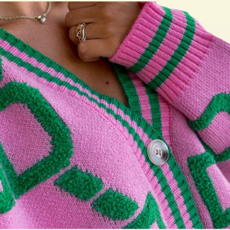 Designer-Modepullover für Frauen, grün gestreift, rosa Strickknopf, Damen-Strickjacken, Pullover mit V-Ausschnitt, lockerer lässiger Frühlingsherbst 2022 K9860480