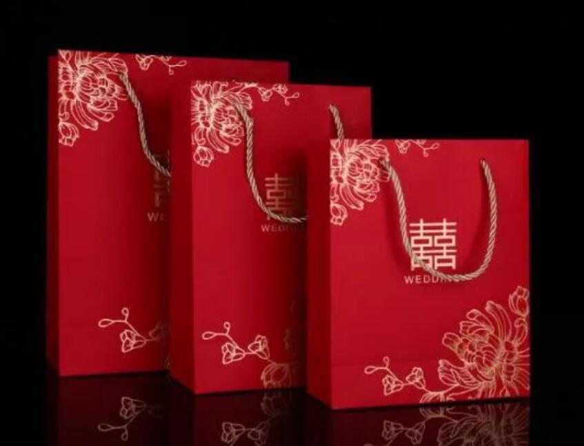 100 peças sacos de presente de papel vermelho estilo chinês felicidade dupla para embalagem de casamento com alça lembrancinhas para festa