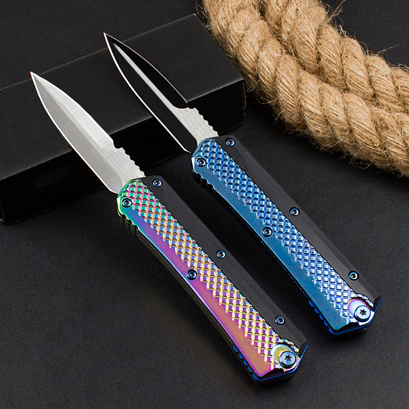 High Quality H1083 Auto Tactical Knife D2 Satin Blade Zinc-aluminum Alloy Handle Outdoor Camping Hiking Survival Tactical Knives with Nylon Bag