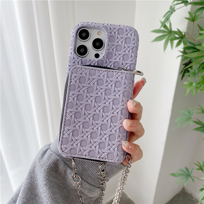 Luxury Crossbody Braided Pattern Zipper Vogue Phone Case for iPhone 15 Plus 14 13 12 11 Pro Max XR XS Durable Sturdy Necklace Multiple Card Slots Wallet Chain Back Cover