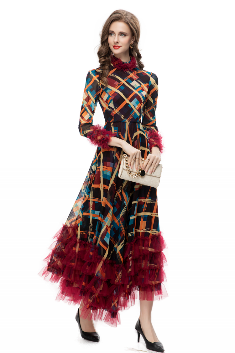 Damskie sukienki startowe stojak kołnierz długie rękawy drukowane patchwork torebki eleganckie mody reresidos