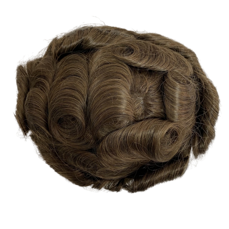 Toupet de haute qualité Full PU 6 pouces péruvien vierge postiche de cheveux humains 32mm vague couleur marron clair 4 # V boucle 8x10 Full PU toupet pour hommes européens