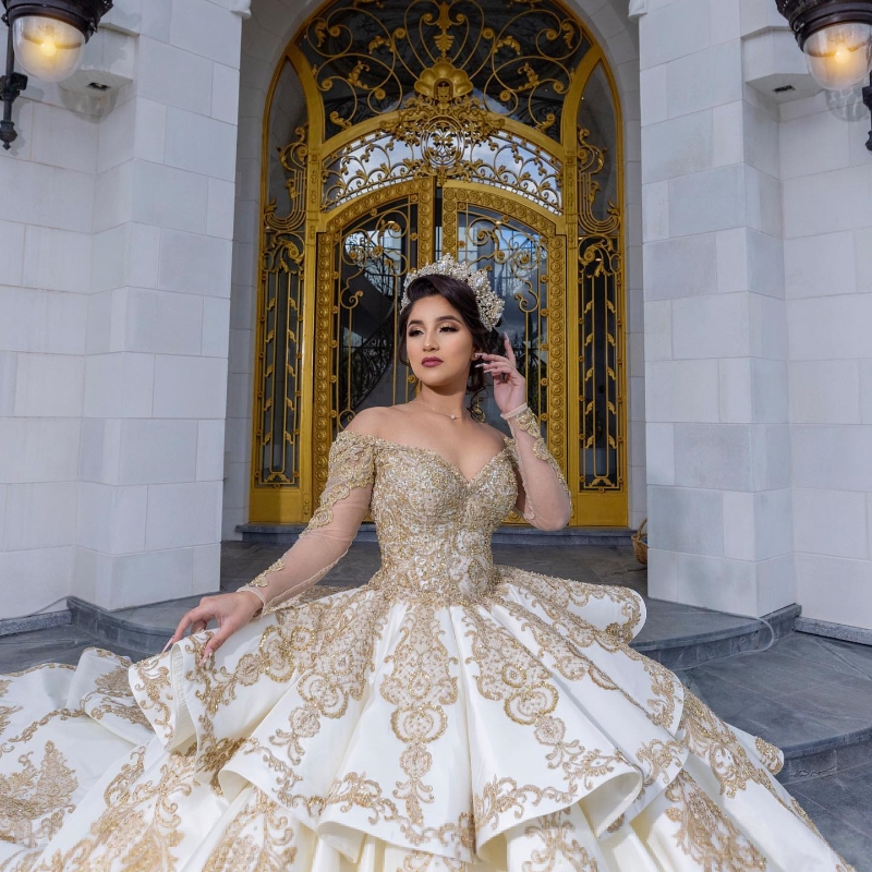 Белое роскошное бальное платье из тюля с длинными рукавами, платья Quinceanera, золотые аппликации, кружевные бусины, Vestido De 15 Anos Sweet 16 Wear