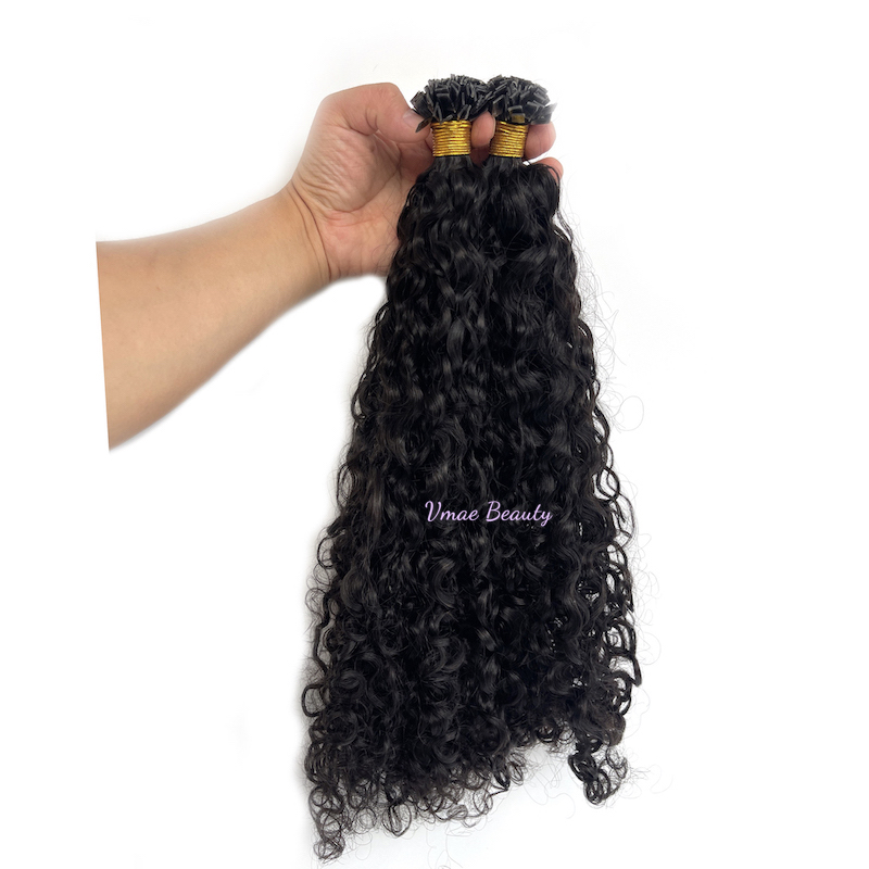 Vmae 100% Full Cuticle Aligned Soft Indian Natural Color 1B Afro Kinky Curly Deep Curls Pre Bonded Keratin Fusion Flat Tip Raw Virgin Human Hair Extensions