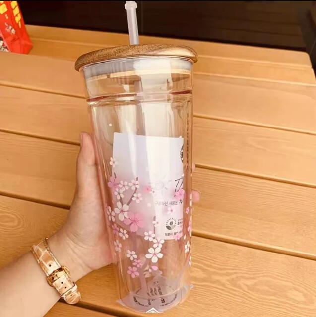 Starbucks Drink Mug Pink Cherry Blossom stor kapacitet Klar frostat glas med sippy kopp kaffemugg