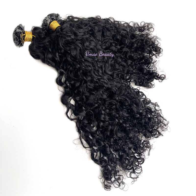 Vmae 100% Full Cuticle Aligned Soft Indian Natural Color 1B Afro Kinky Curly Deep Curls Pre Bonded Keratin Fusion Flat Tip Raw Virgin Human Hair Extensions