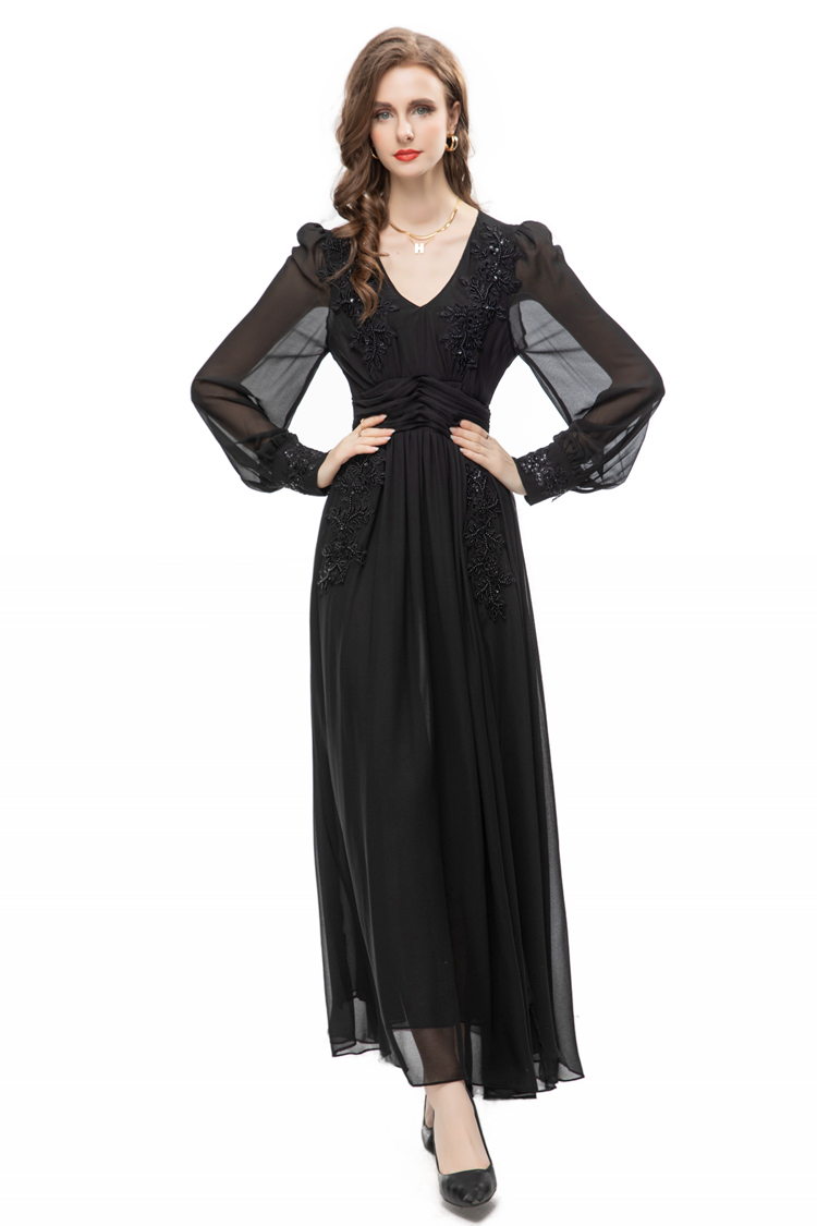 Женские платья для подиума V-образный вырез с длинными рукавами Вышивка из бисера Сплит-футляр Модельер Vestidos