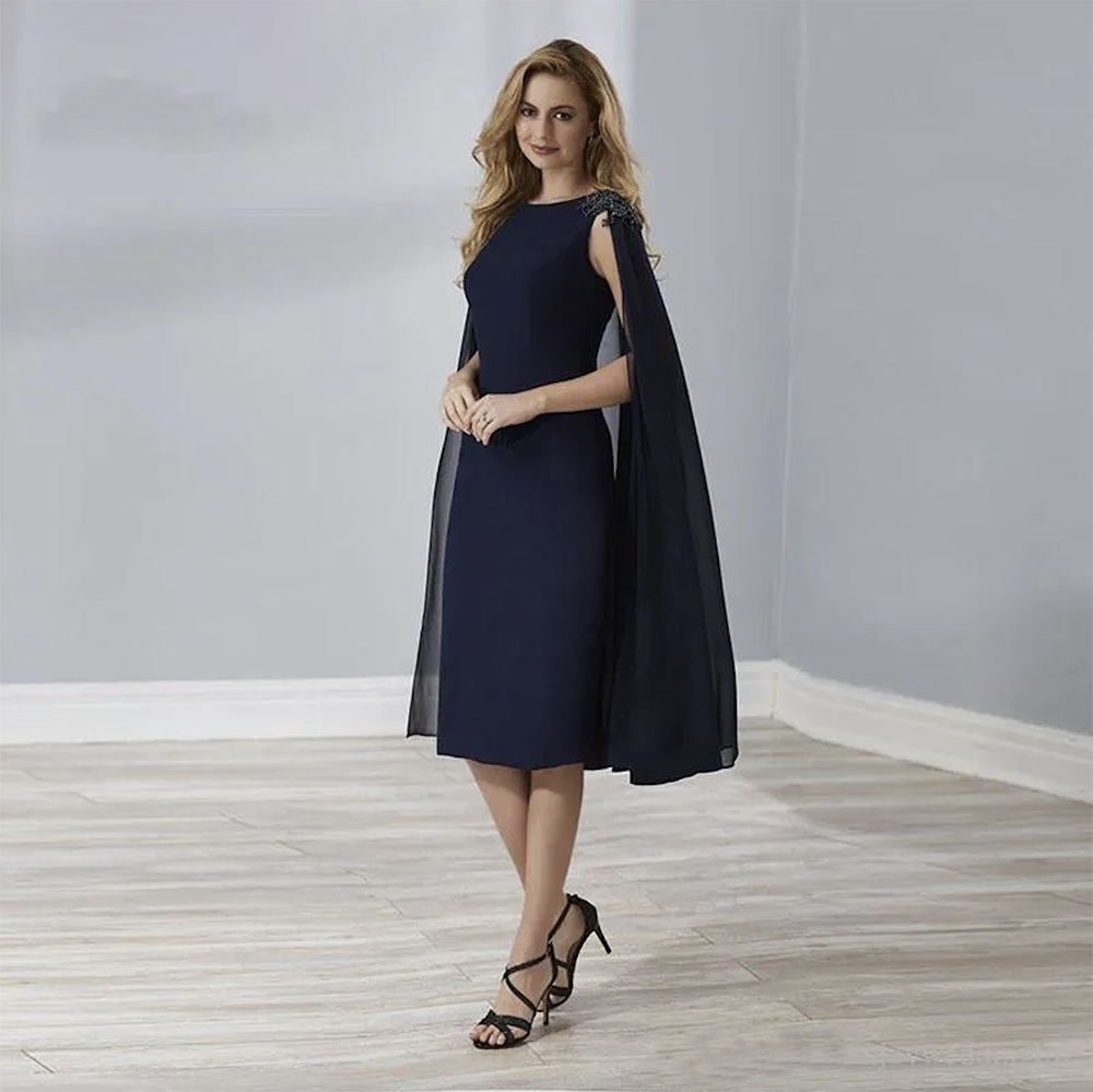 Élégant bleu marine mère de la mariée robes avec Wrap genou longueur Cap manches marié marraine en mousseline de soie sirène robe de soirée personnaliser