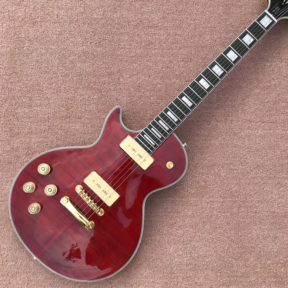 Left Hand Custom Electric Guitar, 2 P90 Pickups, Flame Maple Top, Transparent Red Color, Rosewood Fingerboard, 