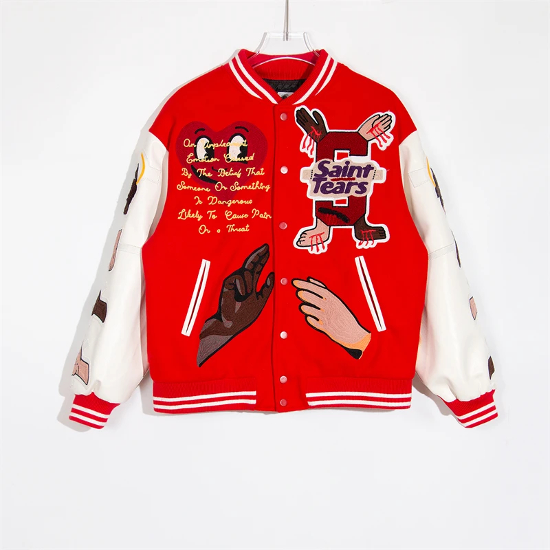 Red Embroidered Patch Baseball Jacket Casual High Street Fashion Fashion Coat