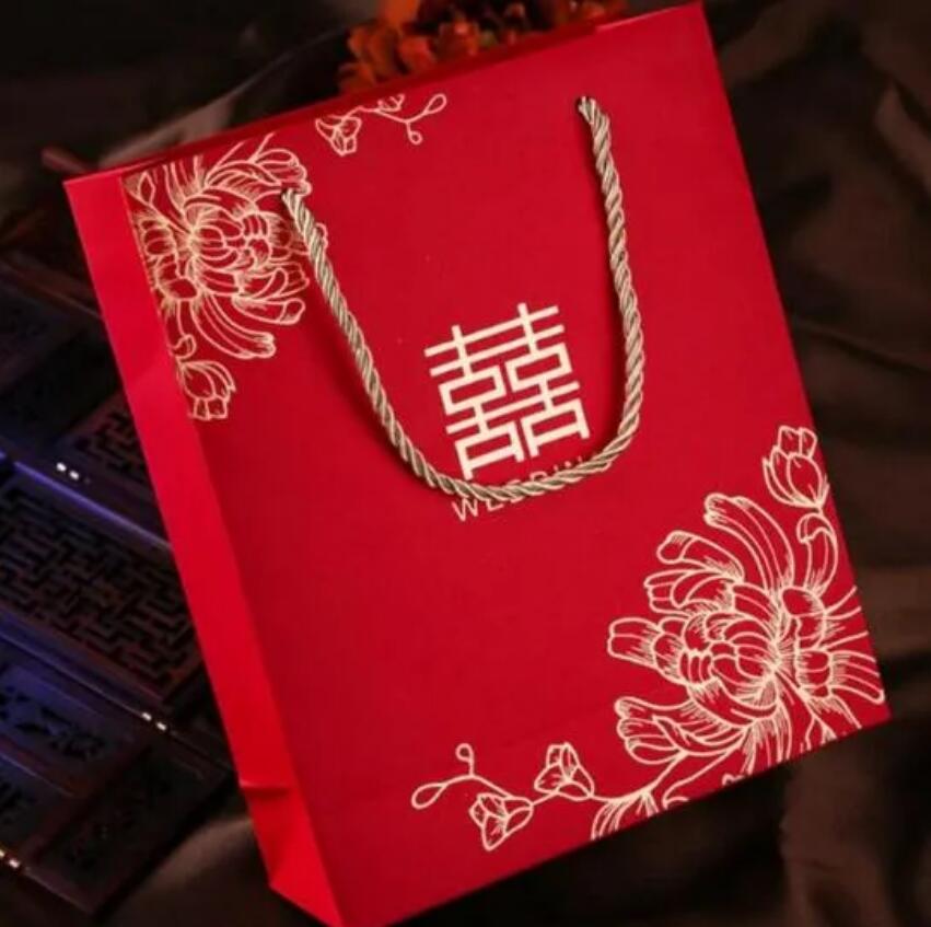 100 peças sacos de presente de papel vermelho estilo chinês felicidade dupla para embalagem de casamento com alça lembrancinhas para festa