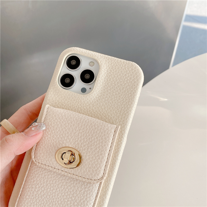 Luxury Litchi Pattern Leather Vogue Phone Case for iPhone 15 Plus 14 13 12 11 Pro Max XR XS Card Slot Lychee Print Wallet Bracket Back Cover with Plating Buckle Lock