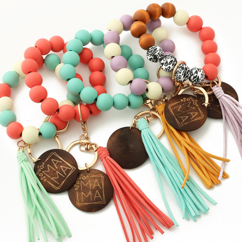 New Sports Ball Beaded Bracelet Keychain Tassel Keychains Pendant Creative Football Basketball Baseball Wooden Bead Bracelets