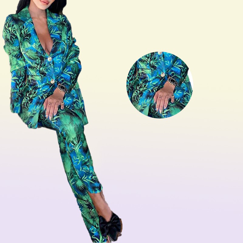 Automne Women Pant Suit Green Jungle Print Blazer Blazer Vintage Streetwear M mante à manches longues et pantalon haute taille 2 pièces 5627087