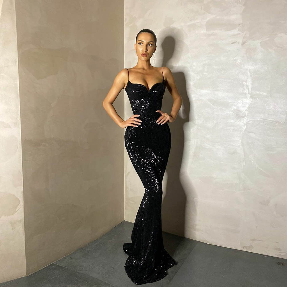 Sexig Shiny Sequiend Aso Ebi Prom Dreses Spaghetti Straps Long Mermaid Women Special Tillfällen Partyklänningar plus Size Second Recepton Formal Wear Slim Fit CL2775