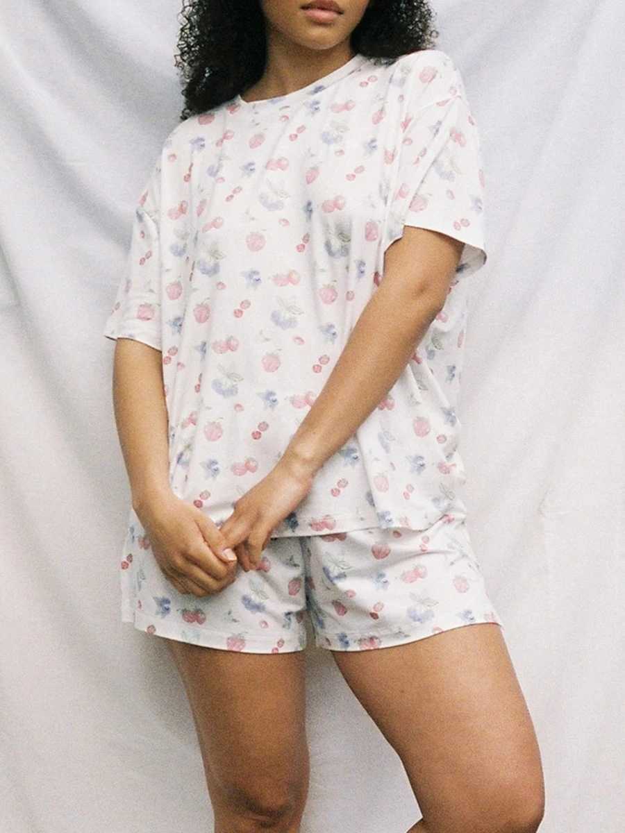 Kvinnors sömn lounge kvinnor yk bit blommig pyjamas set överdimensionerad kort ärmskjorta sida split shorts sömnkläder