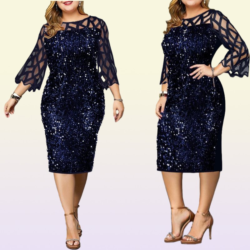 Plus Size Kleider Partykleid Damen Midi Pailletten Mesh Langarm Spitze Elegant Figurbetont XL4XL 5XL Abend Frau Sommer 20216576724